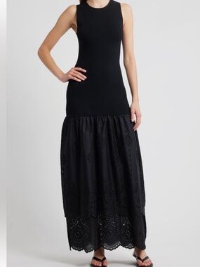 Rails Lavina Ribbed Eyelet Maxi Dress - Stretchy Tiered size XS Black